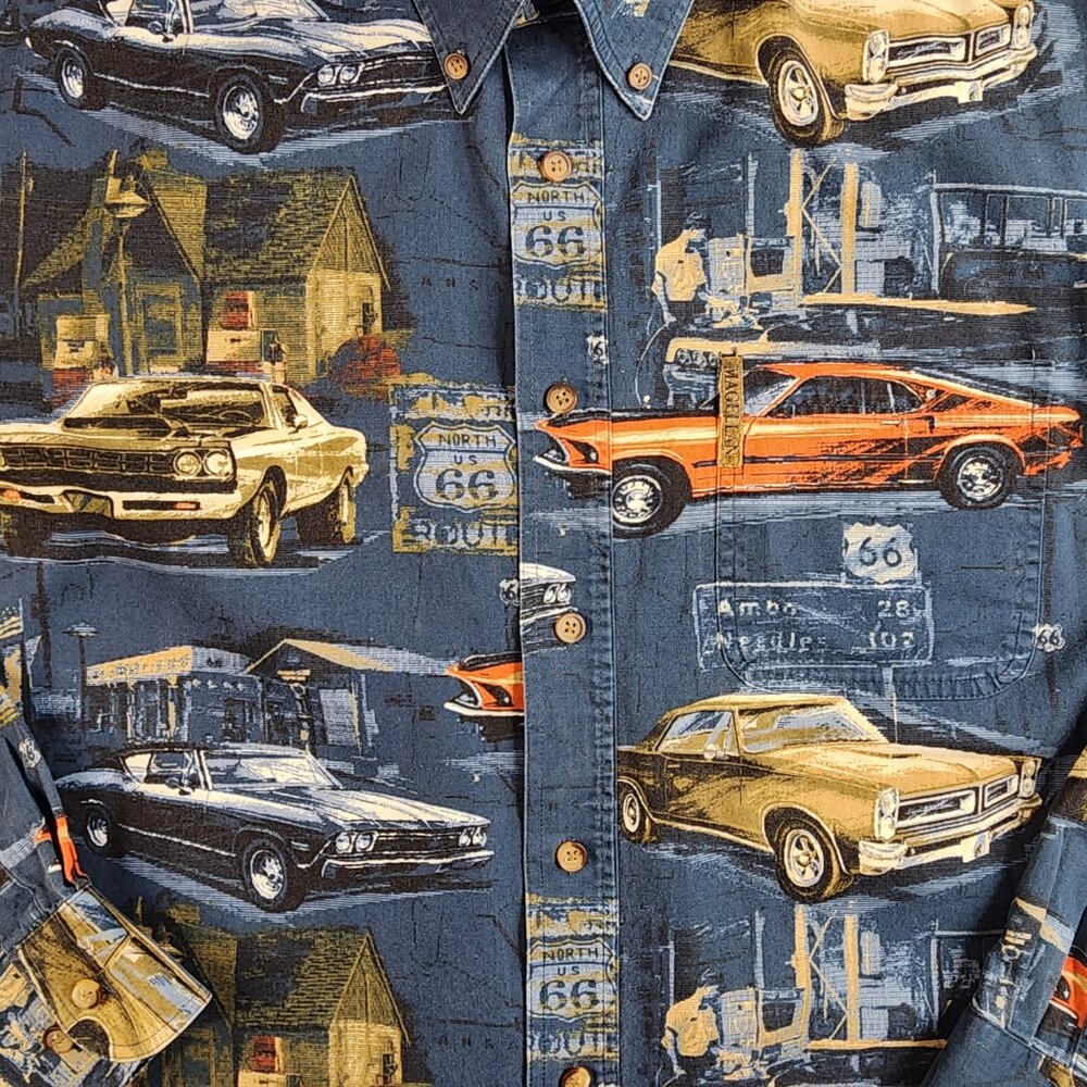Magellan Sportswear Long Sleeve Medium Button Up Shirt Muscle Classic Cars VTG - Picture 4 of 9